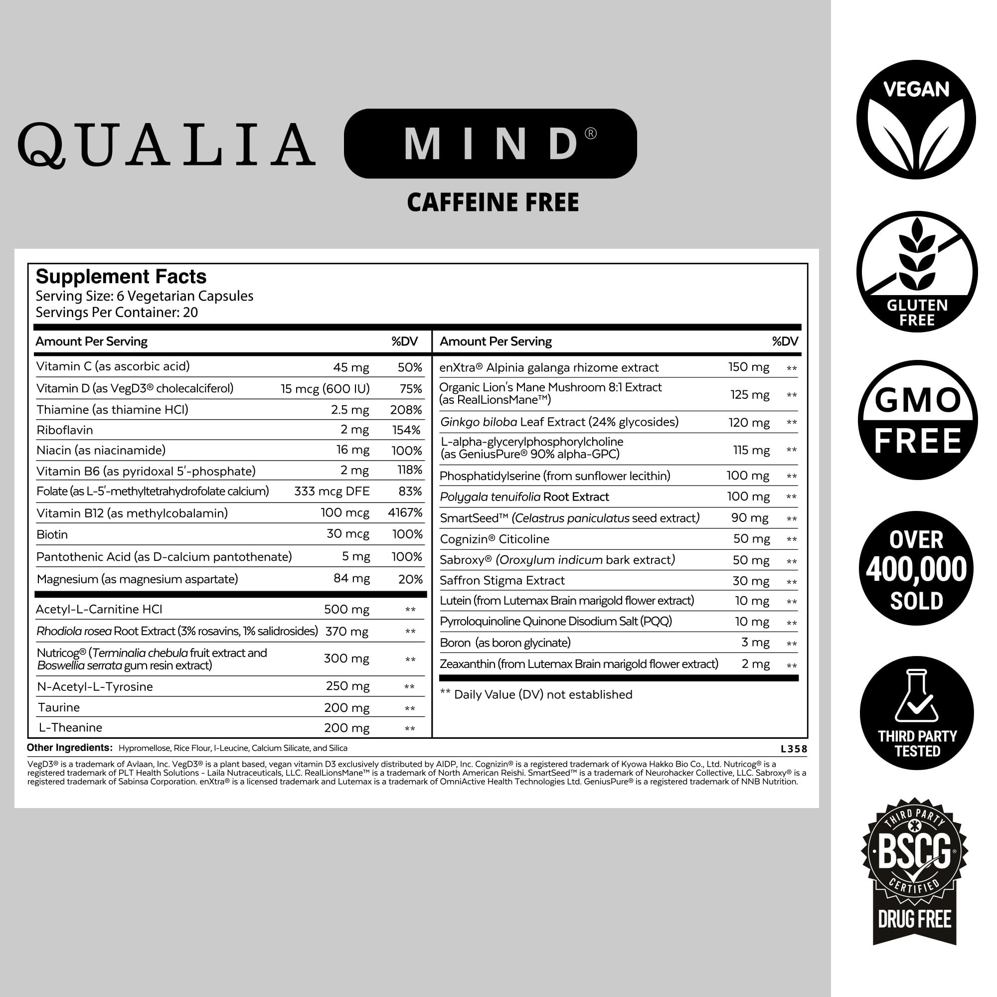 Qualia Mind caffeine free on a neat desk workspace for steady focus