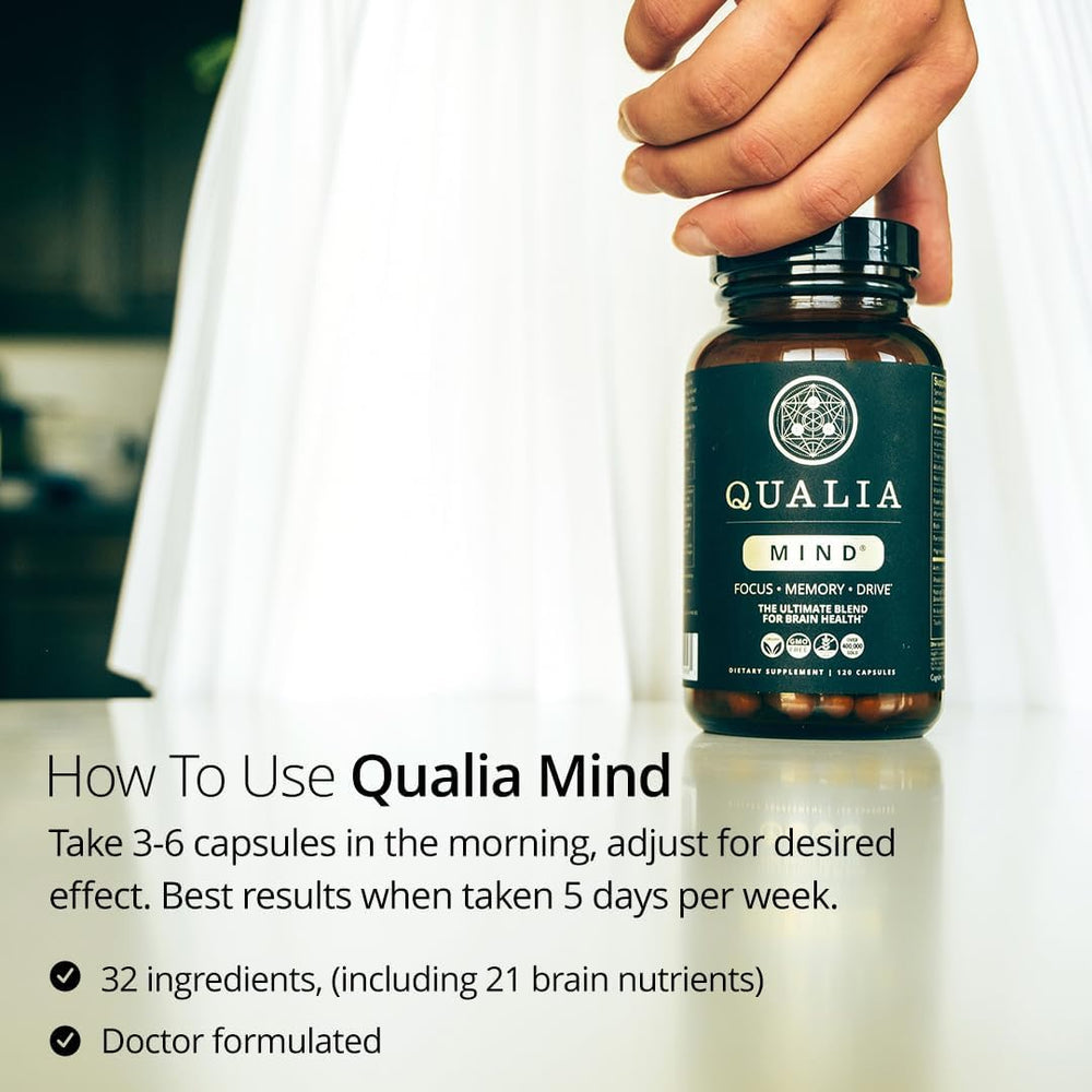 Qualia Mind ingredient icons highlighting Lion's Mane, Cognizin, Ginkgo for brain support.