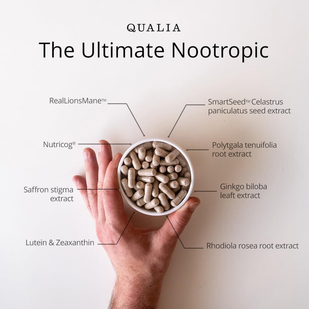 Qualia Mind six week supply packaging shown for routine use