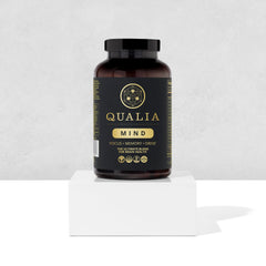 Qualia Mind packaging highlighting vegan, non-GMO, gluten-free standards