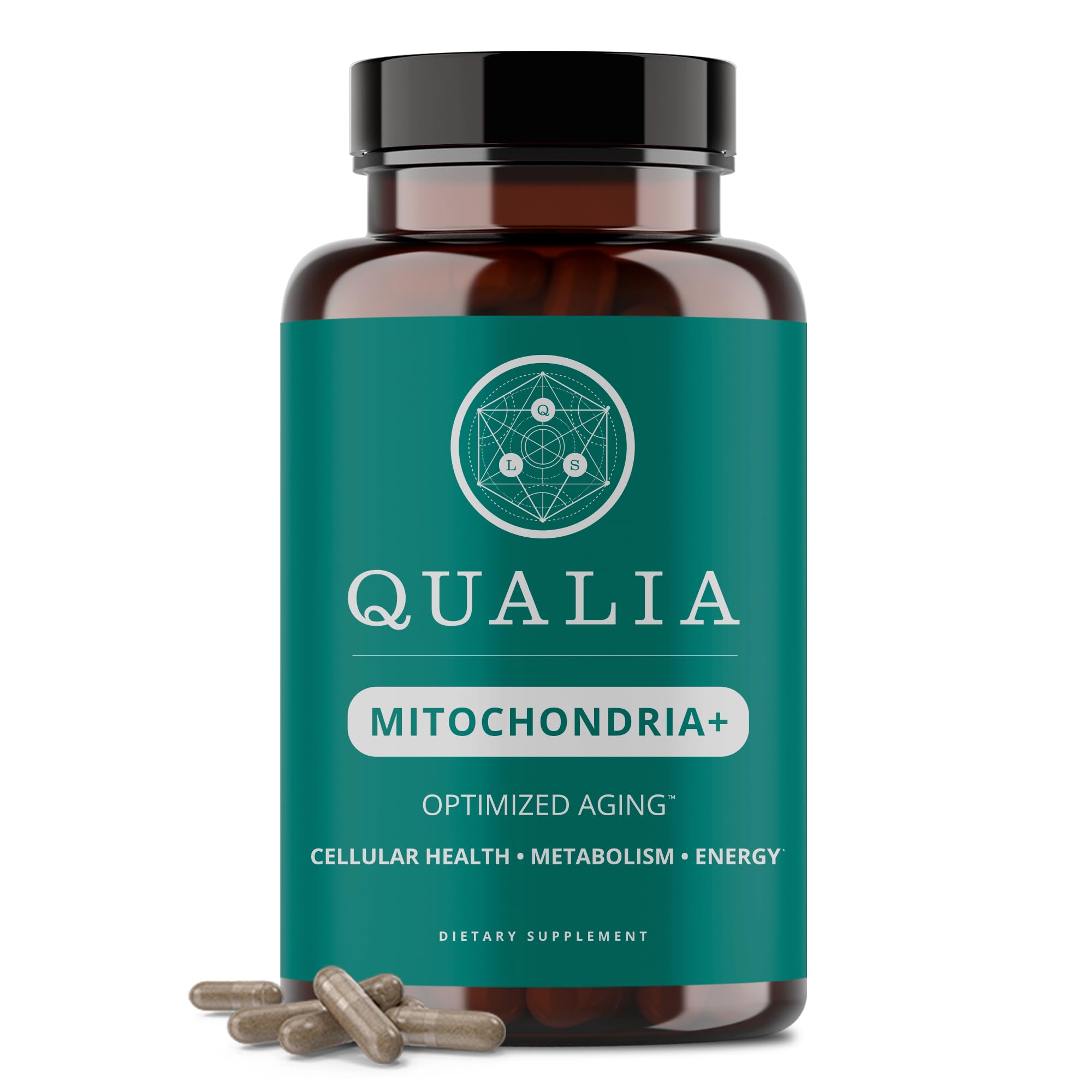 Qualia Mitochondria+ bottle pour showing convenient energy support for daily routines.