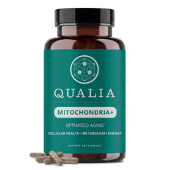 Qualia Mitochondria+ bottle pour showing convenient energy support for daily routines.