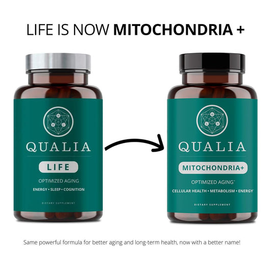 Qualia Mitochondria+ capsules close-up highlighting NAD+ boosting formula for metabolism.