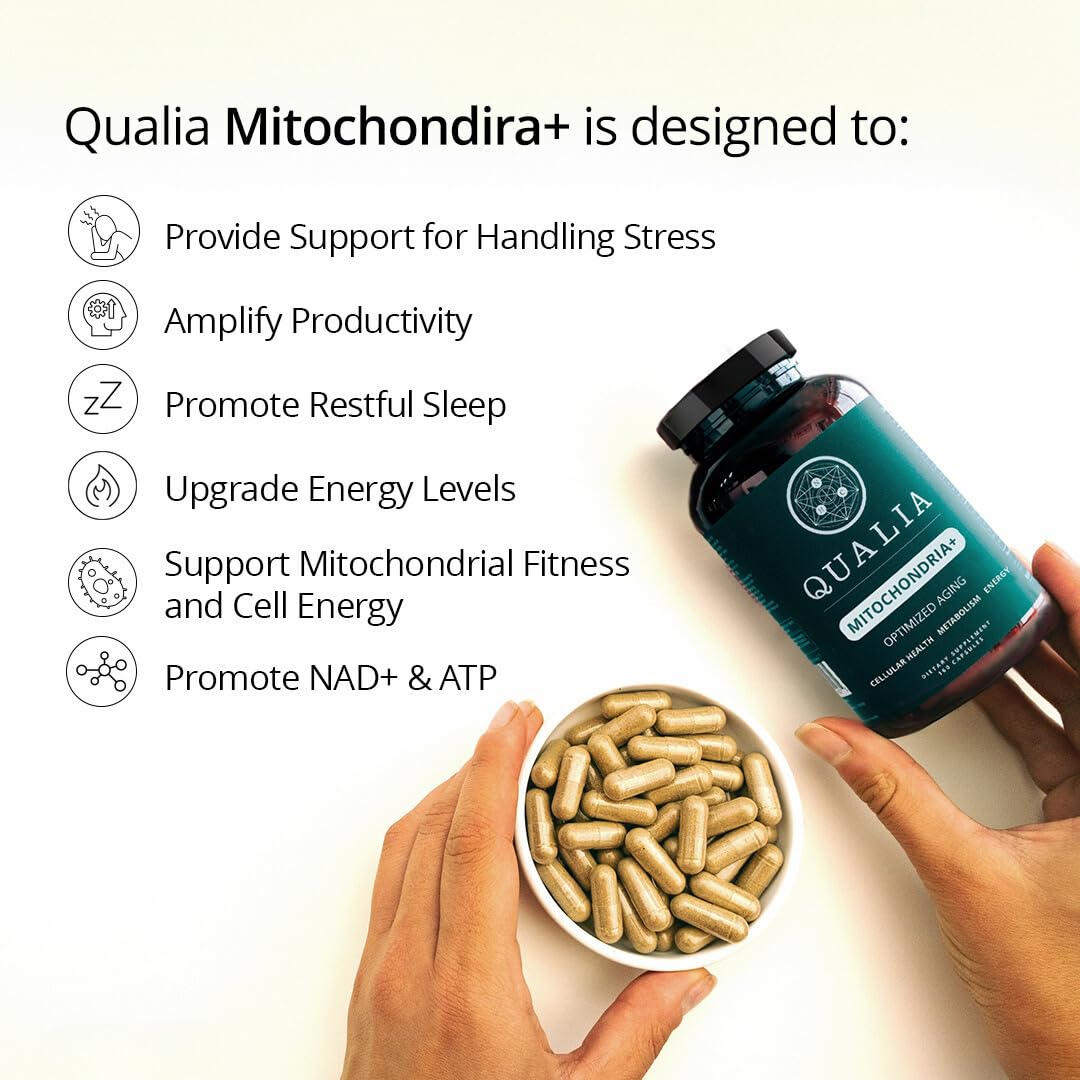 Qualia Mitochondria+ label detail with ingredients and purpose in view.