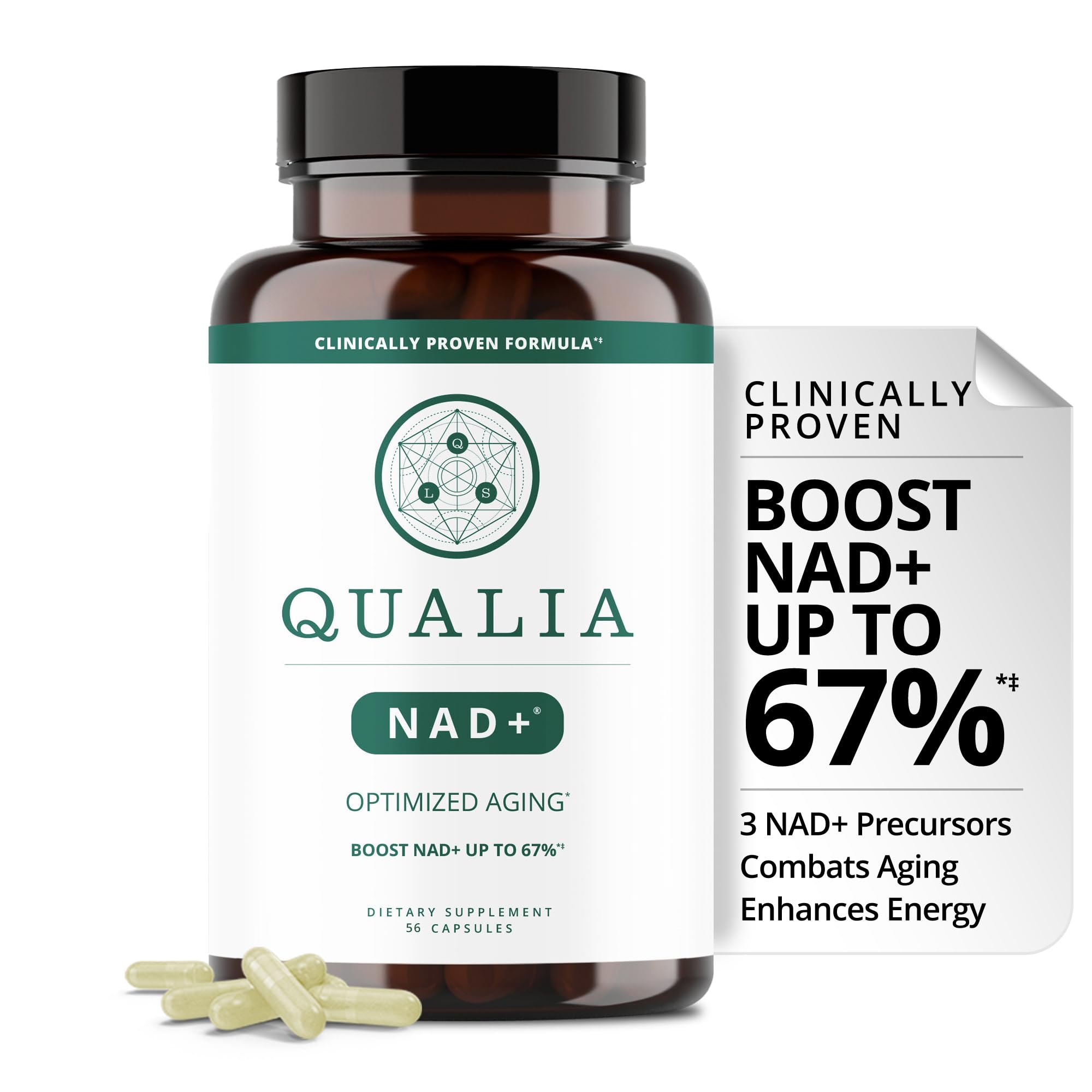 Qualia NAD+ bottle front view supporting daily energy and focus