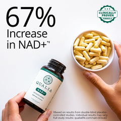 Qualia NAD+ bottle with glass of water for easy dosing