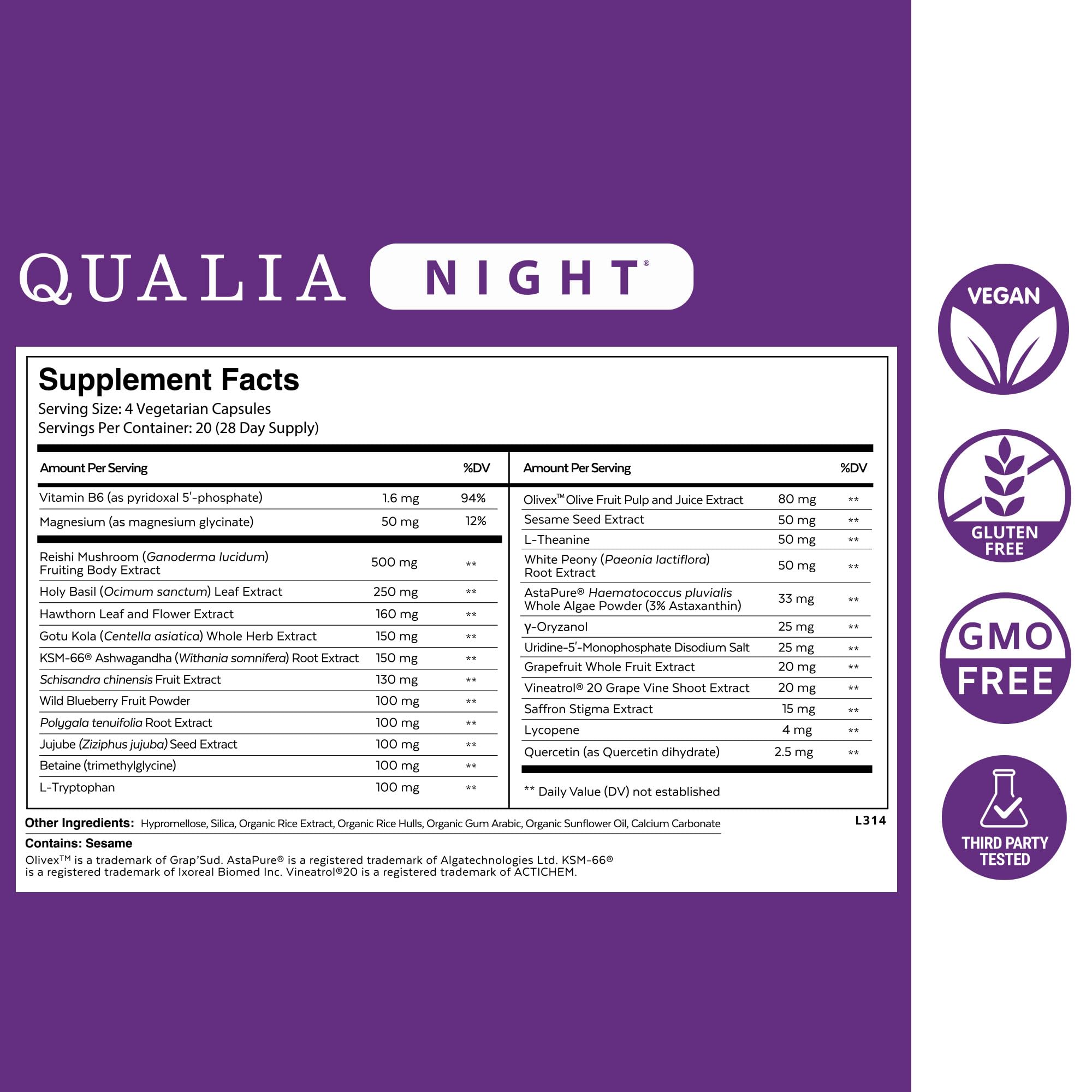 Qualia Night capsules closeup emphasizing deep rest and morning alertness.