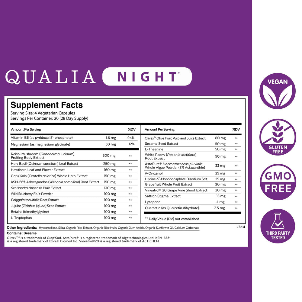 Qualia Night capsules closeup emphasizing deep rest and morning alertness.