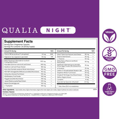 Qualia Night capsules closeup emphasizing deep rest and morning alertness.