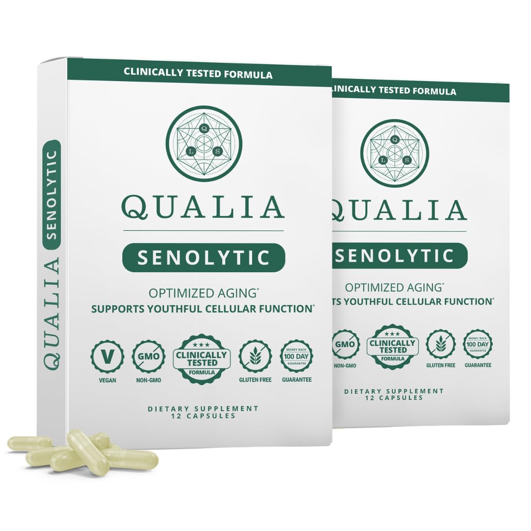 Qualia Senolytic bottle front with capsules, suggesting potential aging support.