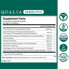 Qualia Senolytic capsules close-up highlighting the blend for cellular health.