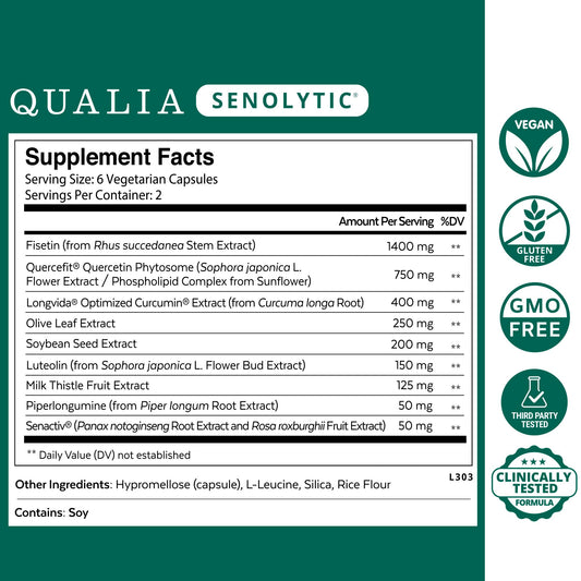 Closeup of Qualia Senolytic capsules highlighting the science-backed blend.
