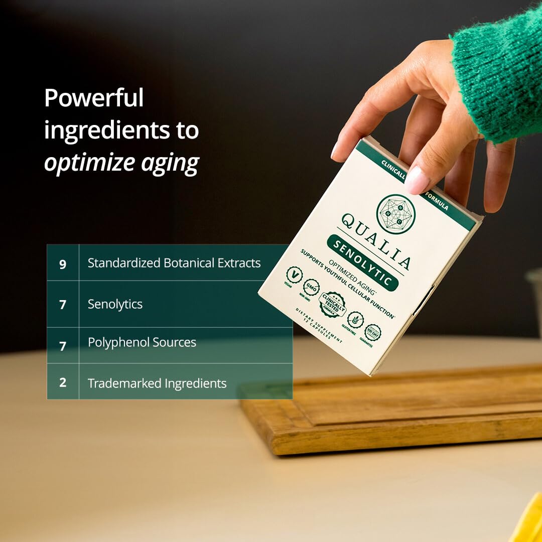 Qualia Senolytic ingredients spread, illustrating science-backed components for vitality.