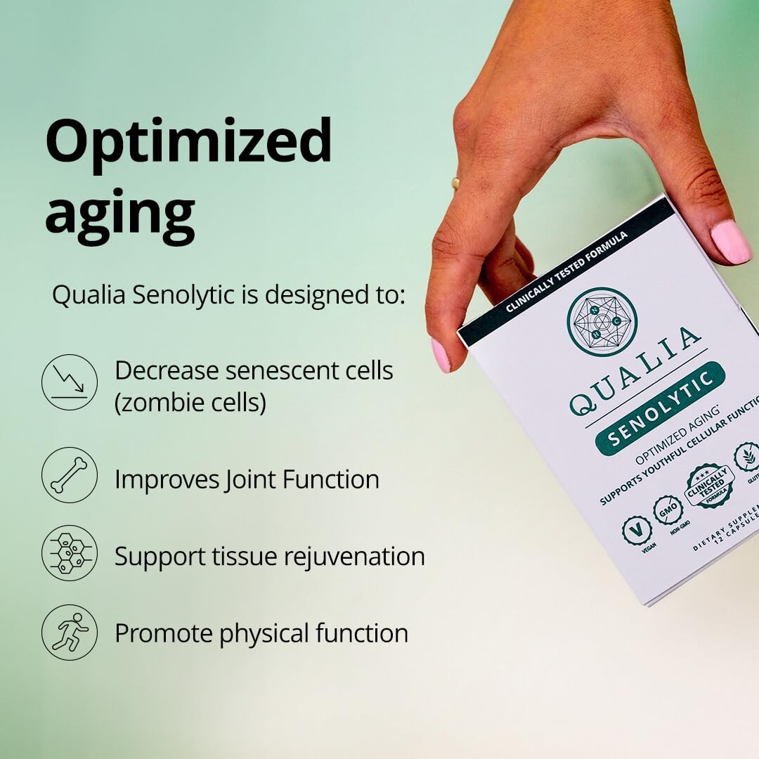 Qualia Senolytic packaging close-up emphasizing quality and formulation for aging support.