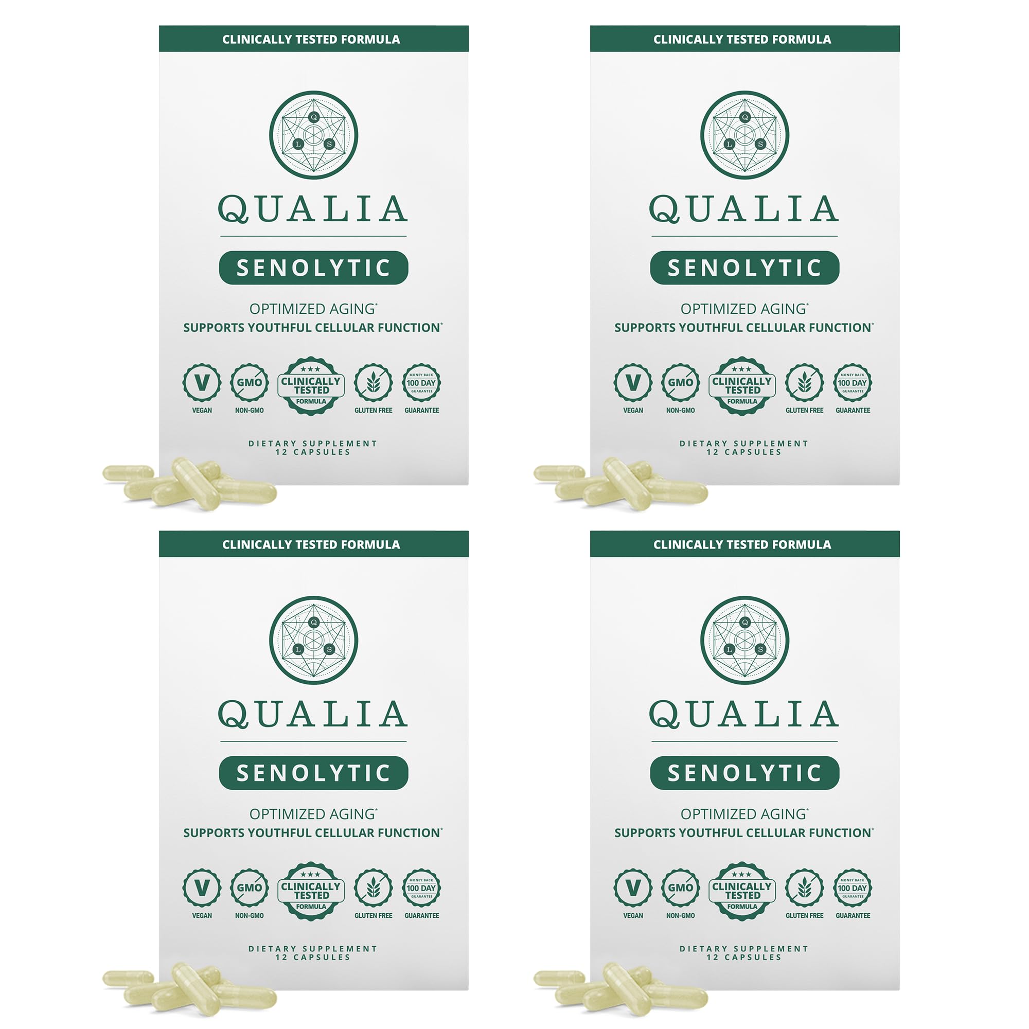 Qualia Senolytic Ultimate bottle shown for daily cellular support and longevity potential.