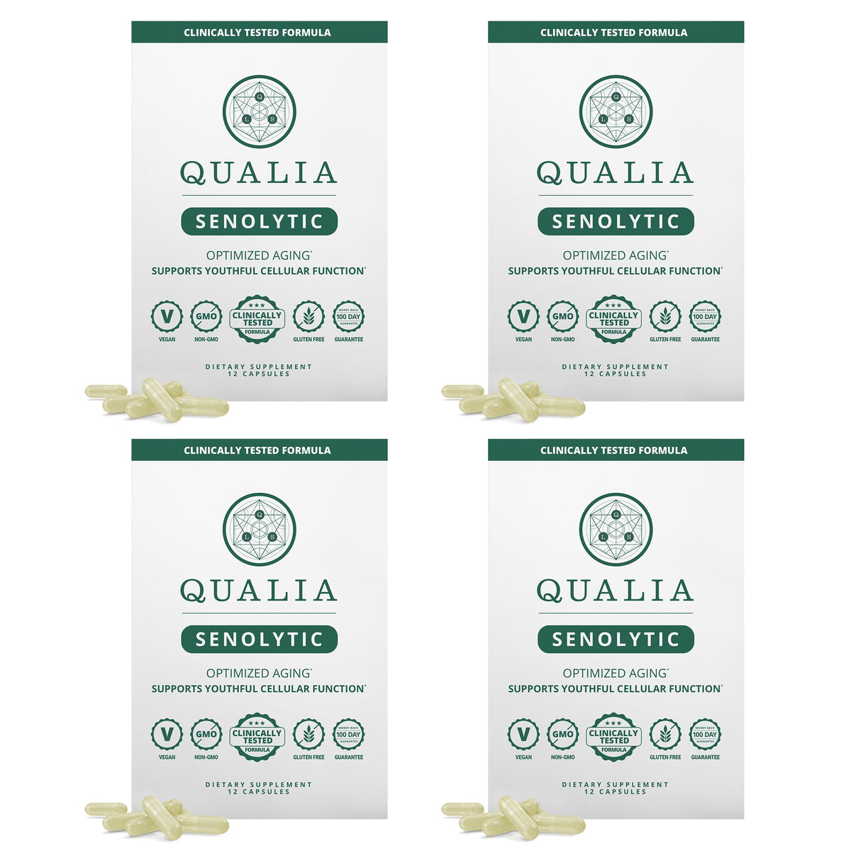 Qualia Senolytic Ultimate bottle shown for daily cellular support and longevity potential.