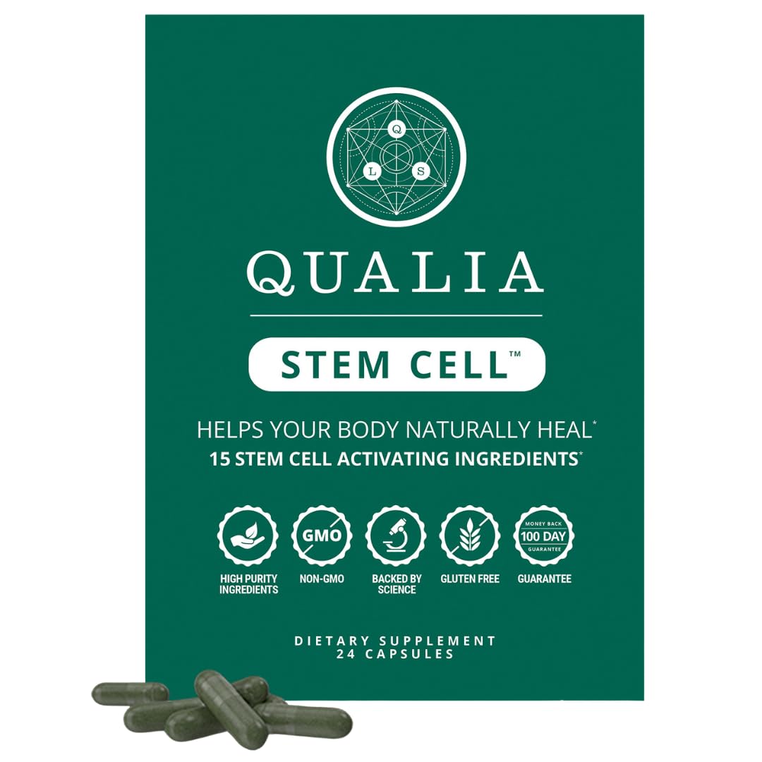Qualia Stem Cell bottle front, sleek design for daily wellness support.