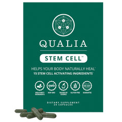 Qualia Stem Cell bottle front, sleek design for daily wellness support.
