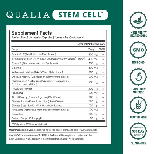 Qualia Stem Cell bottle side label with dosage guidance for daily use.