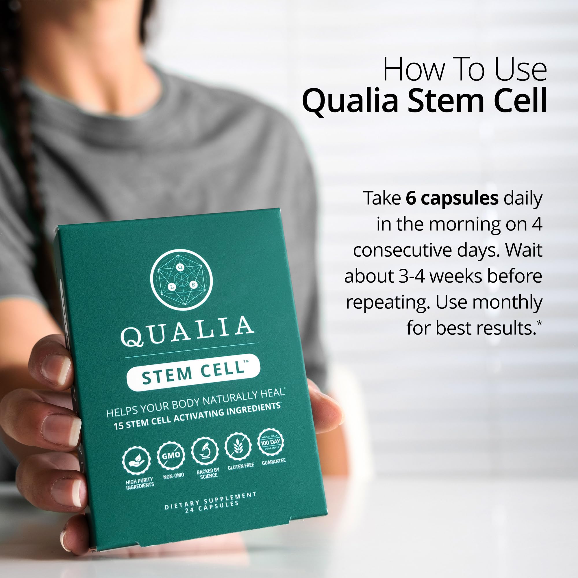 Qualia Stem Cell shown in daily wellness routine scene.