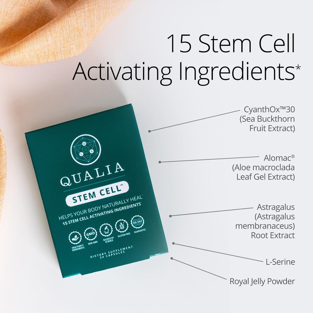 Eco-friendly packaging visuals for Qualia Stem Cell.