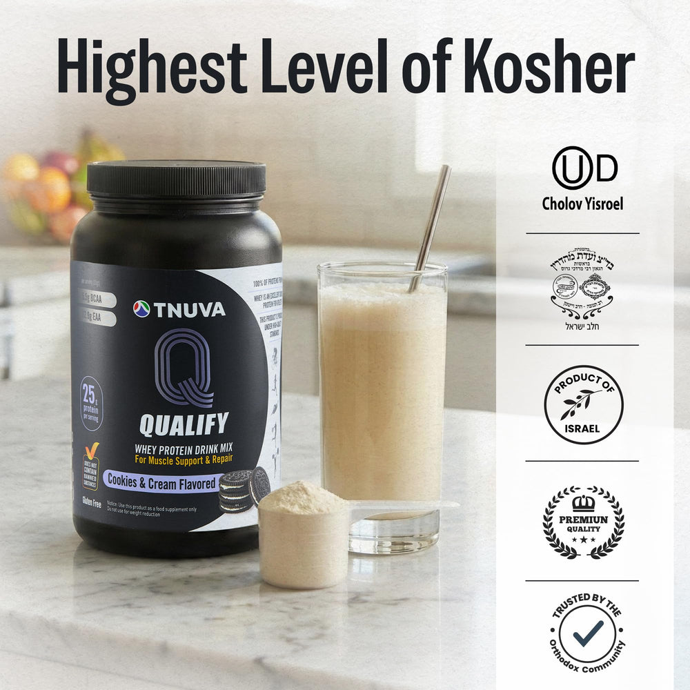 Qualify Cookies & Cream protein powder on kitchen counter for easy mixing.