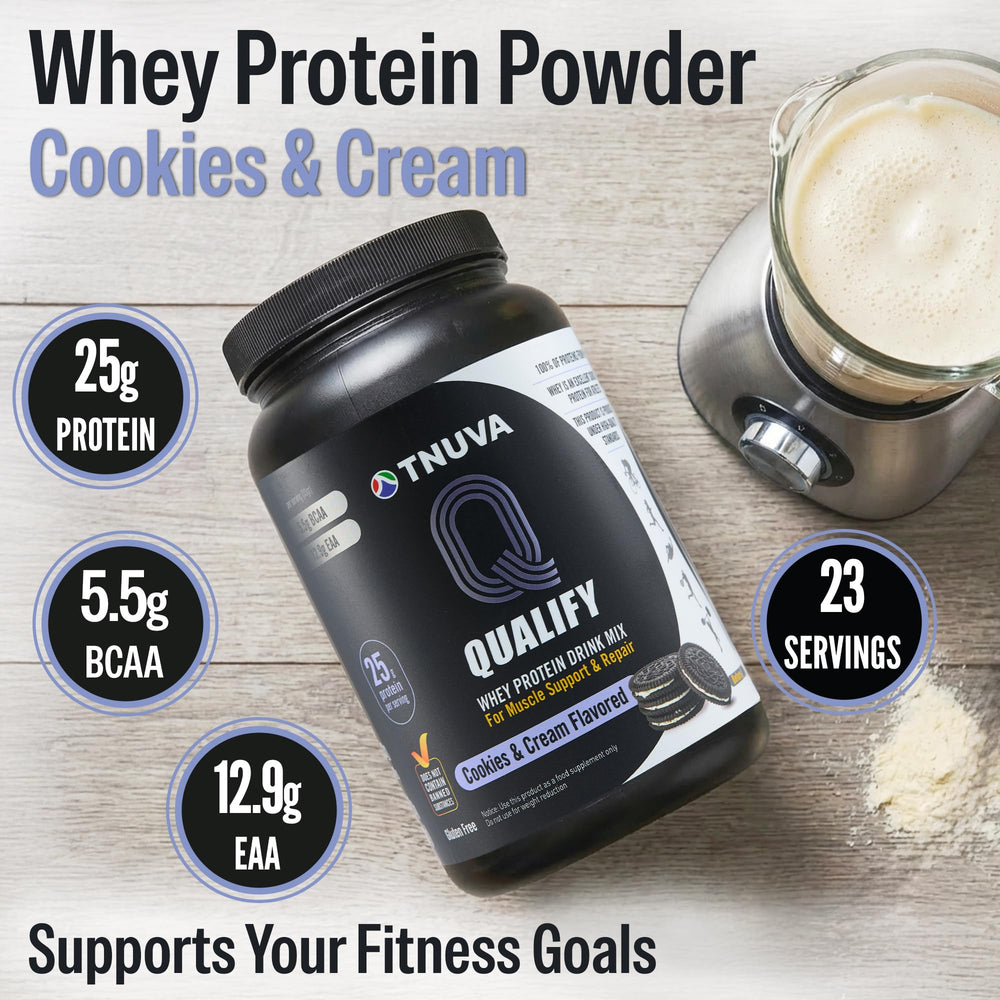 Qualify Cookies & Cream Protein Powder scoop ready for shakes or baking.