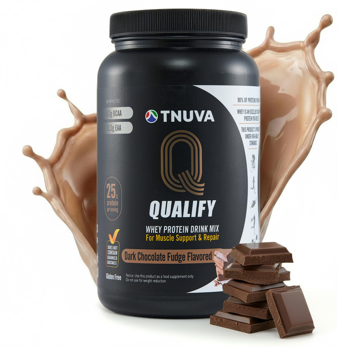 Qualify Dark Chocolate Whey Protein Powder tub with rich flavor for workouts