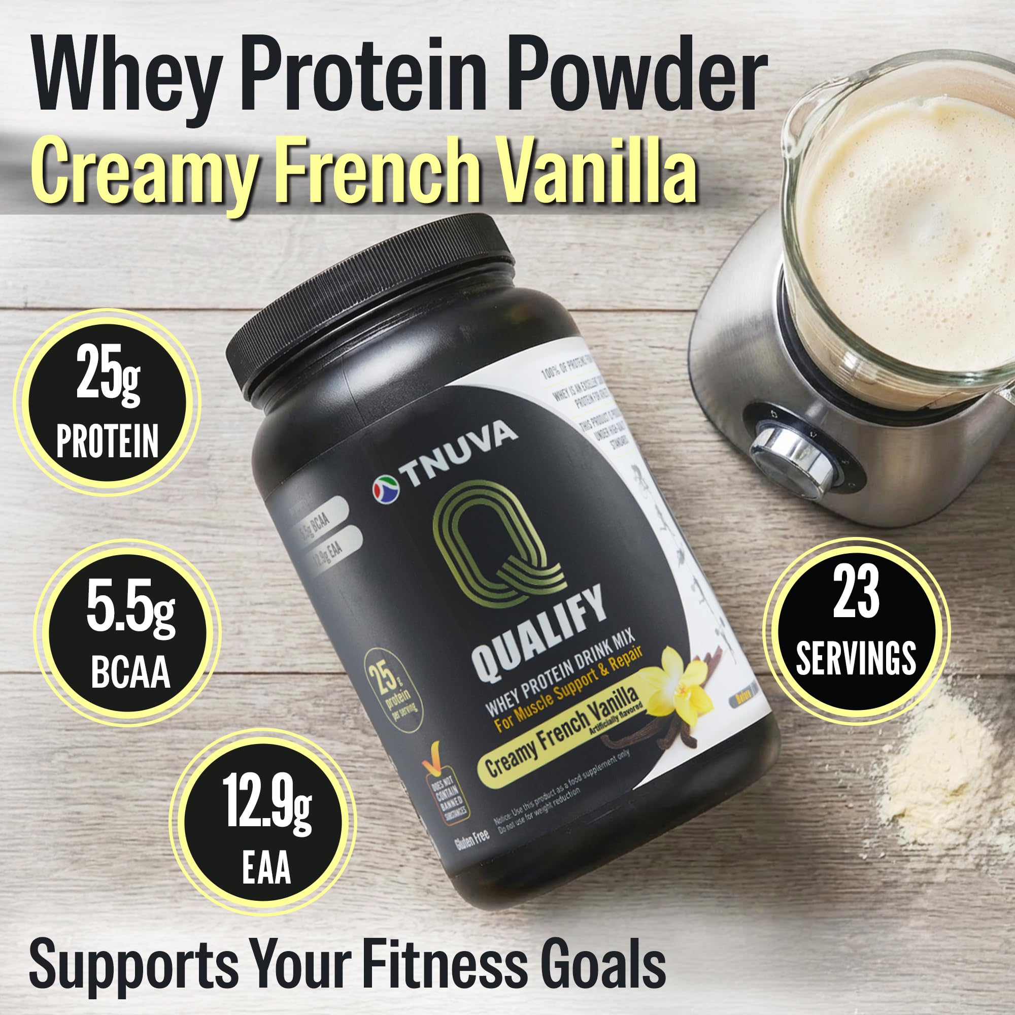 Qualify French Vanilla protein scoop showing precise serving measurement