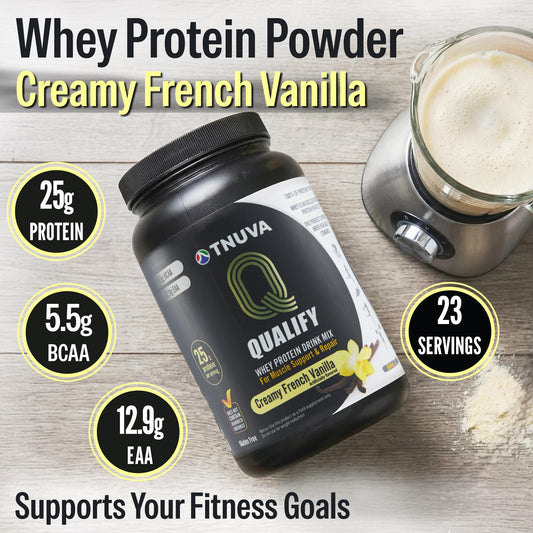 Qualify French Vanilla protein scoop showing precise serving measurement