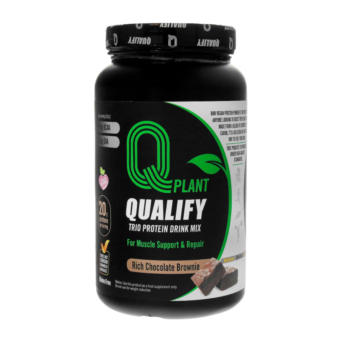 Qualify plant protein powder tub label highlights 20 g per scoop for balanced nourishment.