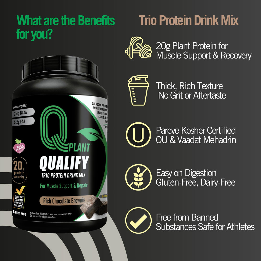 Qualify protein brownie flavor swirl highlights rich chocolate taste for recovery shakes.
