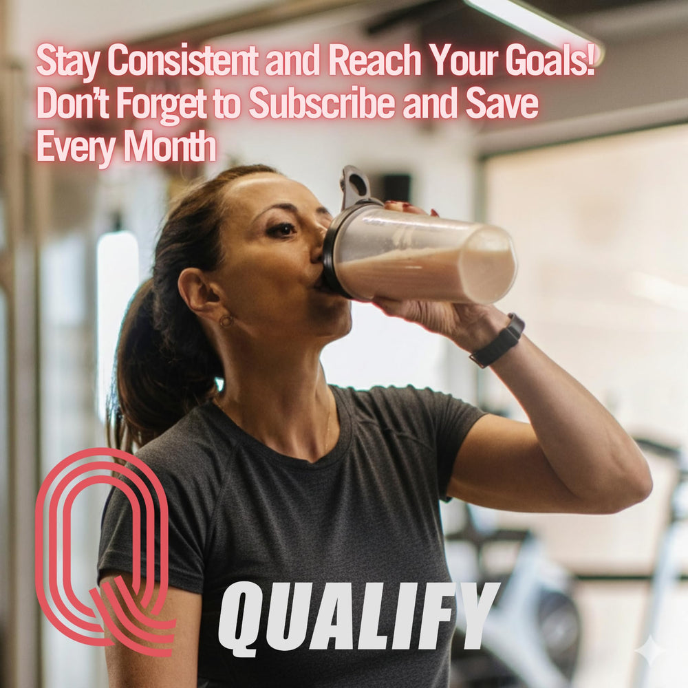 Qualify Strawberry Whey Powder ingredients panel showing gluten-free and sugar-free formula.