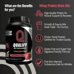 Qualify Strawberry Whey Powder scoop beside measuring spoon for quick daily protein.