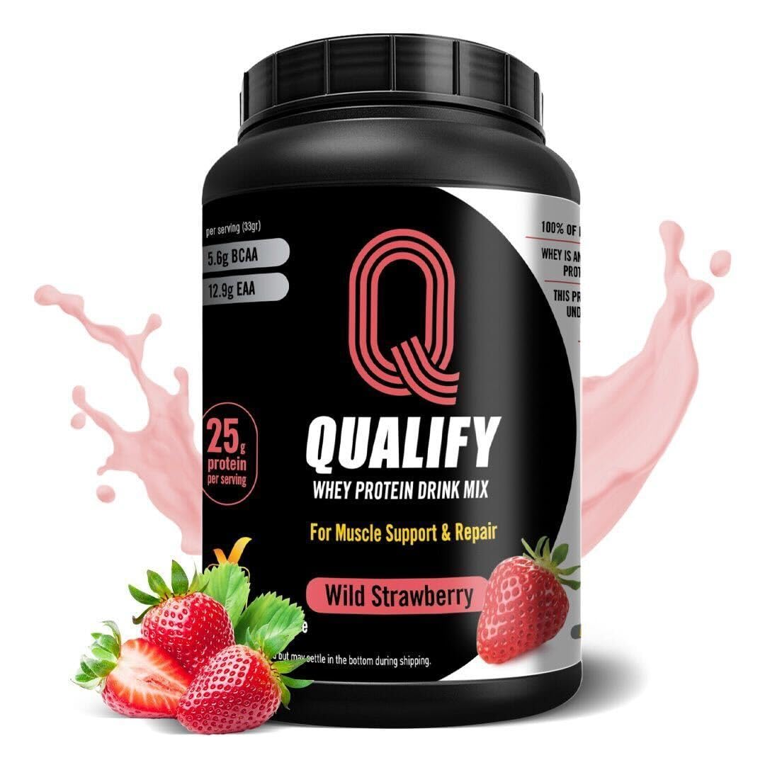Qualify Strawberry Whey Powder tub shows 25g protein per scoop for workouts.
