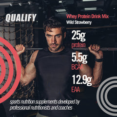 Qualify Strawberry Whey Bottle close-up highlighting kosher certification and purity.
