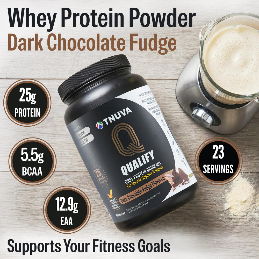 Qualify whey protein scoop showing easy measuring for quick shakes