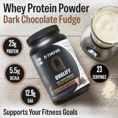 Qualify whey protein scoop showing easy measuring for quick shakes