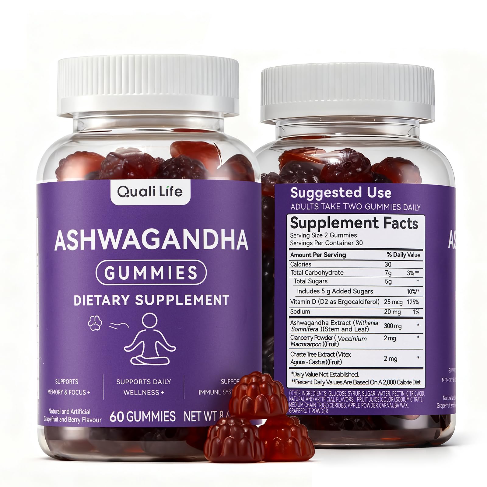 QualiLife Ashwagandha Gummies bottle for easy daily wellness support