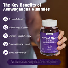 Front label of QualiLife Ashwagandha Gummies highlighting vegan formula