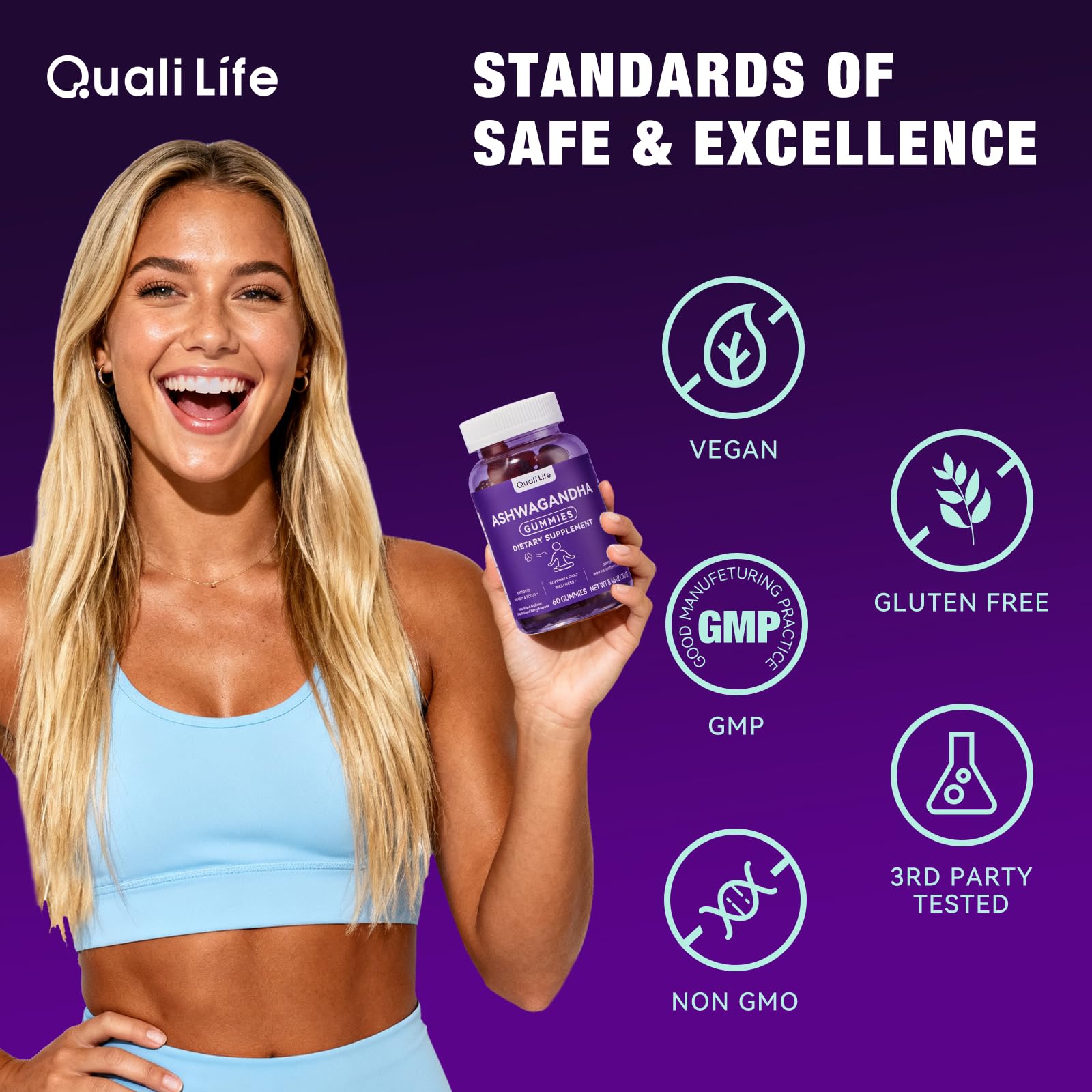 Box and bottle packaging of QualiLife gummies signaling quality manufacturing