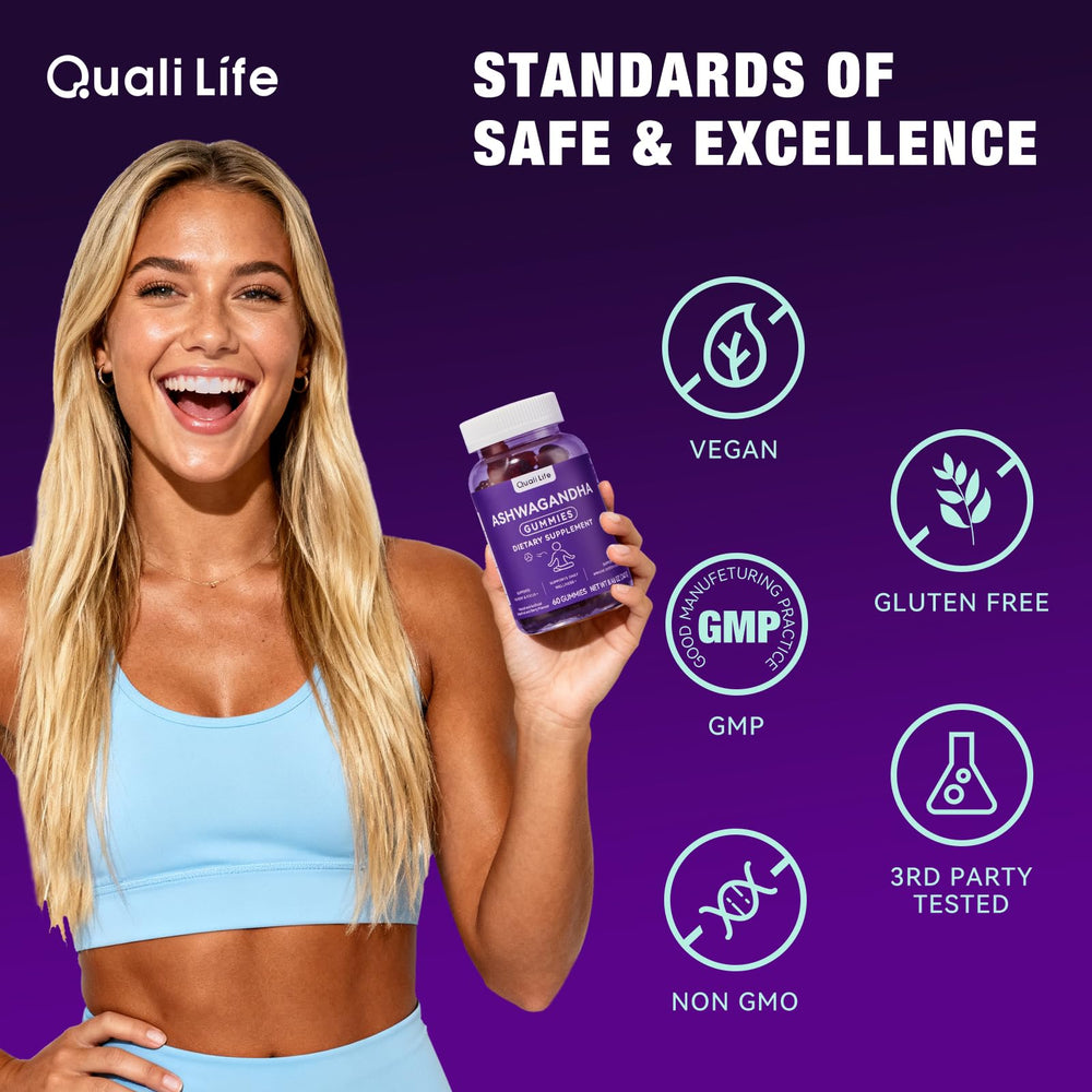 Box and bottle packaging of QualiLife gummies signaling quality manufacturing