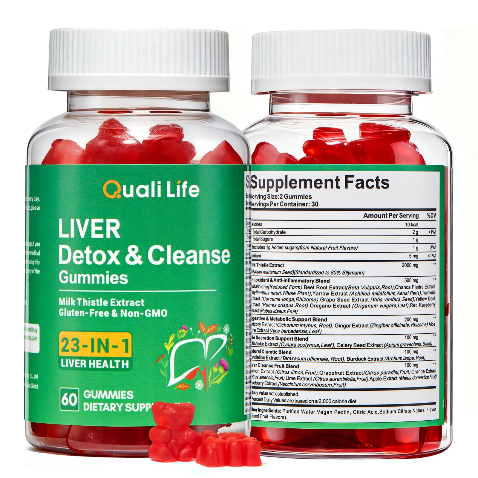 QualiLife Liver Detox Gummies bottle with mixed fruit flavor for daily liver support.