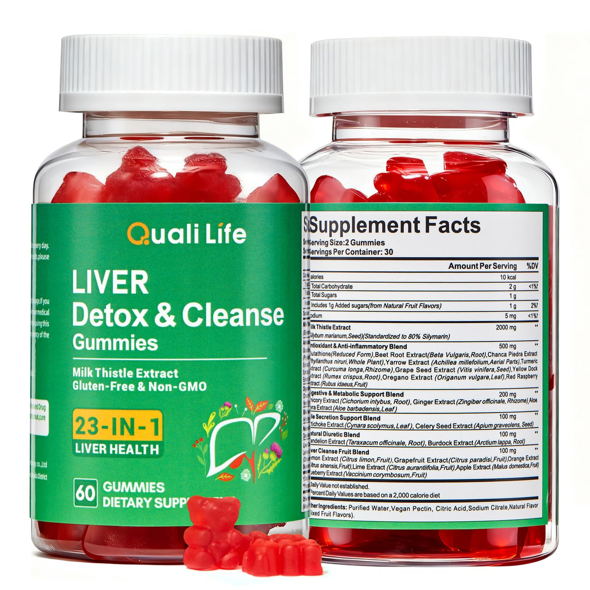 QualiLife Liver Detox Gummies bottle with mixed fruit flavor for daily liver support.