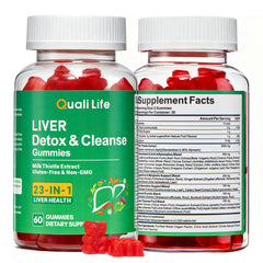 QualiLife Liver Detox Gummies bottle with mixed fruit flavor for daily liver support.