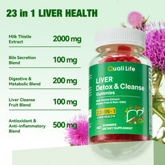 QualiLife Liver Detox Gummies packaging highlights vegan, gluten-free formula in GMP facilities.