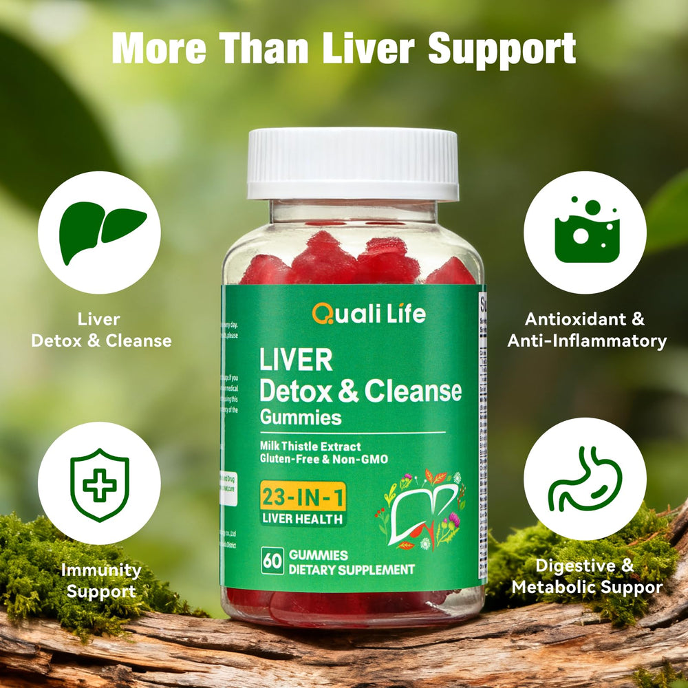 QualiLife Liver Detox Gummies being poured for an easy daily digestion routine.