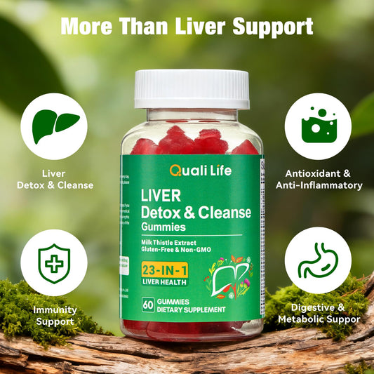 QualiLife Liver Detox Gummies being poured for an easy daily digestion routine.