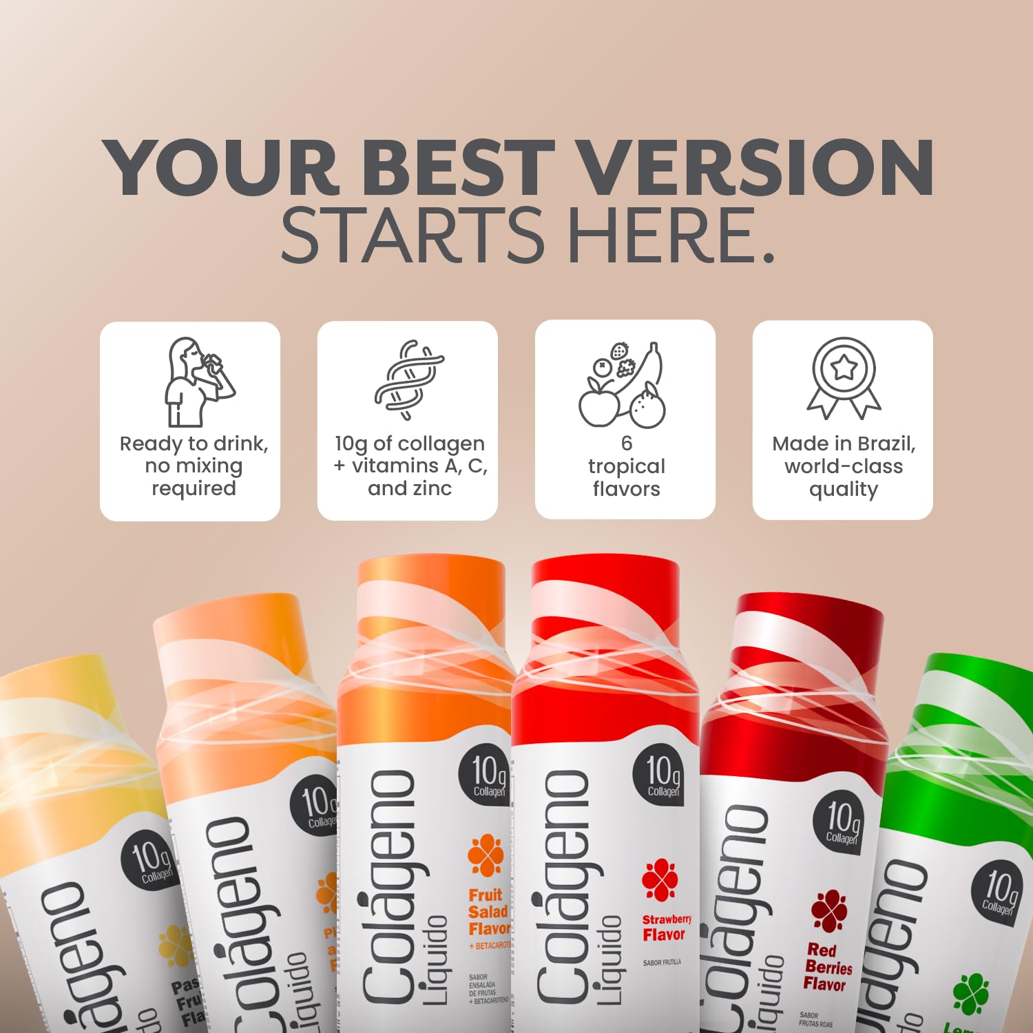 Qualinova collagen shot emphasizes 10g dose and convenient on-the-go use