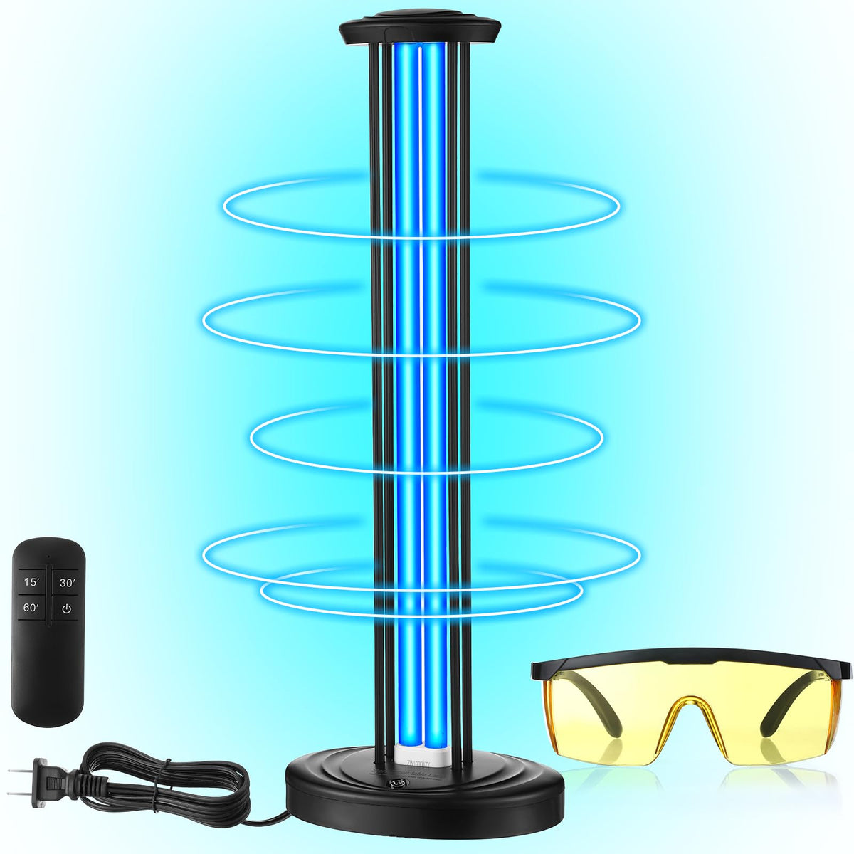 Qualirey UV light coverage shows wide-area disinfection for home and office.